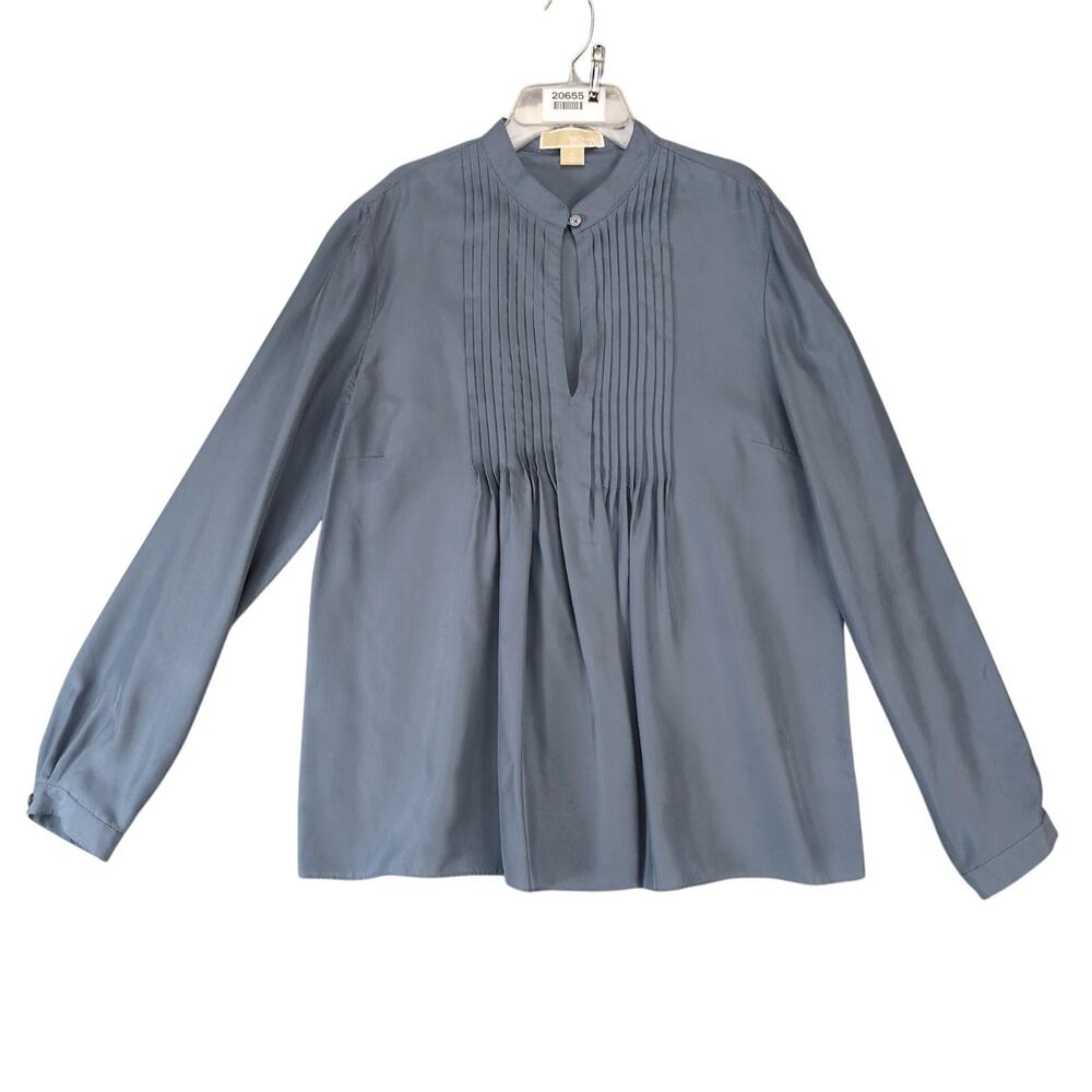 Michael Kors 100%‎ Silk Gray Pleated Blouse Women's 12 Keyhole Neck Long Sleeve